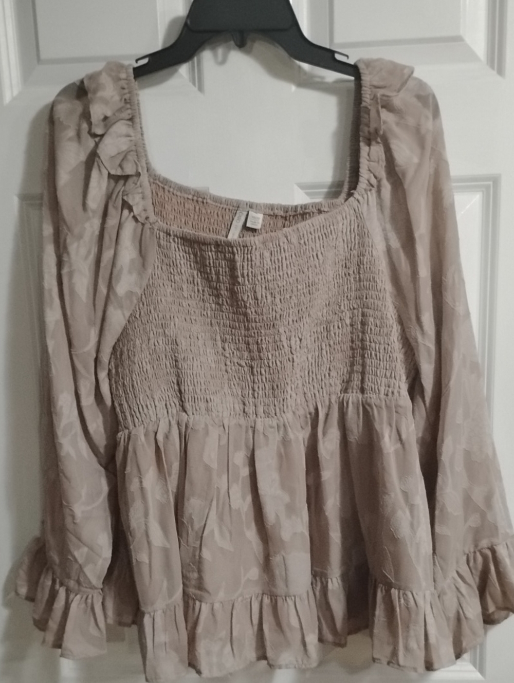Cato Taupe Smocked Square-Neck Peasant Blouse